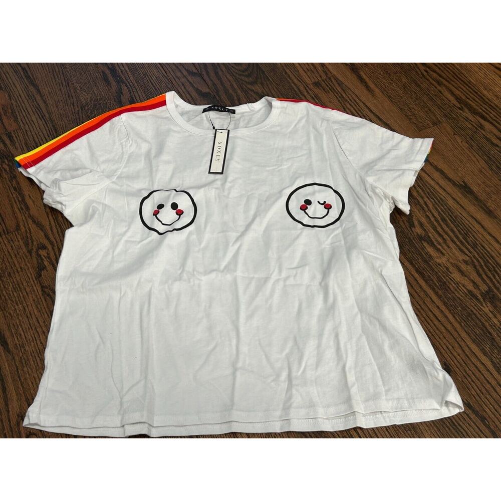 NWT Soncy Women's Rainbow Smile Wink Emoji Short Sleeve‎ Cotton Tee Size 1